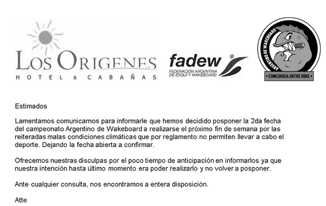 Suspendieron el argentino de wakeboard en Concordia