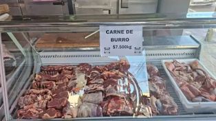 La carne de burro en el mostraro. Según los productores es difícil de diferenciar