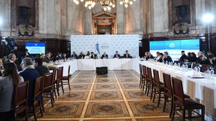 El plenario de comisiones que analizó la ley Bases en el salón Azul del Senado.&nbsp;
