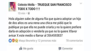 Una publicación en Facebook donde ofrecían en venta una niña generó polémica