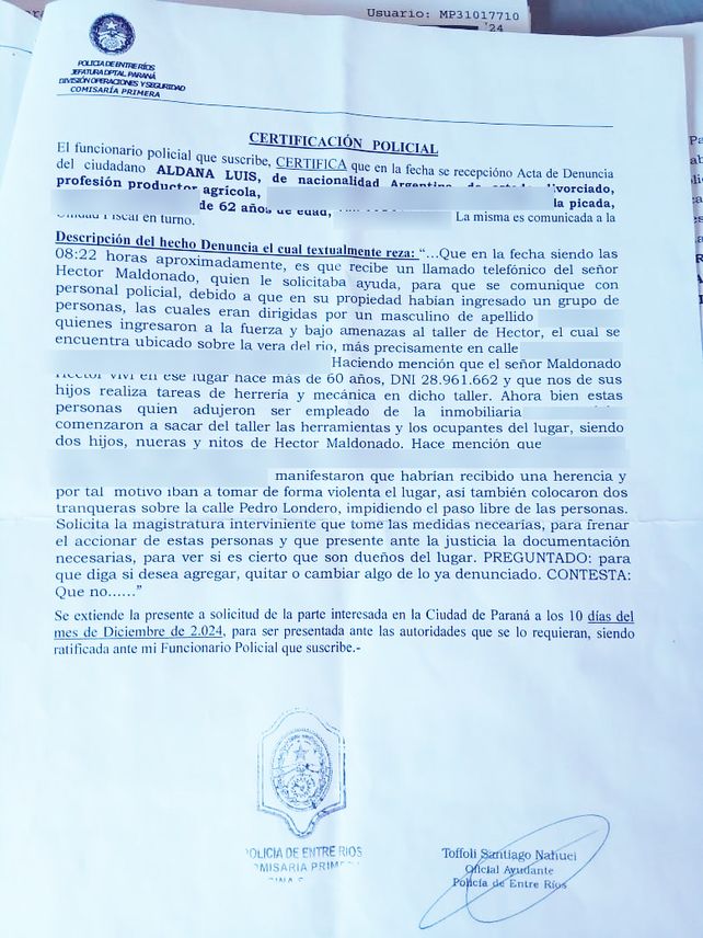 Borde costero de Paraná: una familia denuncia amenazas y ataques para que desalojen