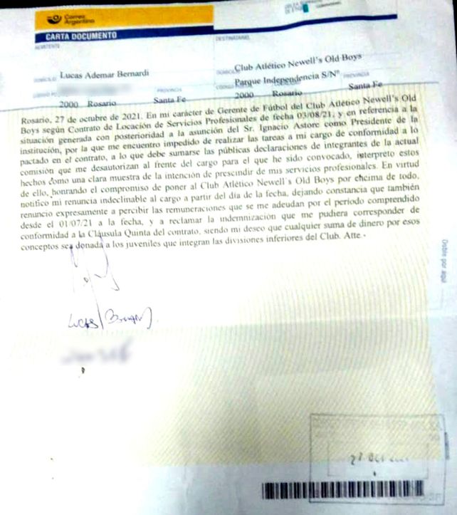 Newells: Lucas Bernardi renunció y contó su versión sobre la polémica con Ignacio Astore