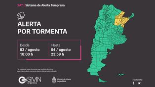 El Servicio Meteorológico Nacional (SMN) pronostica tormentas fuertes y lluvias abundantes para un sector de Entre Ríos, Corrientes y Misiones.&nbsp;