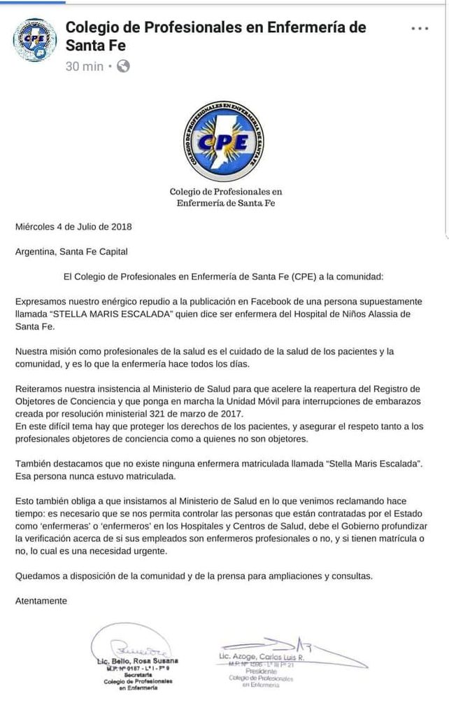 Exenfermera santafesina instiga a sus colegas a hacer sufrir a quienes se hagan un aborto