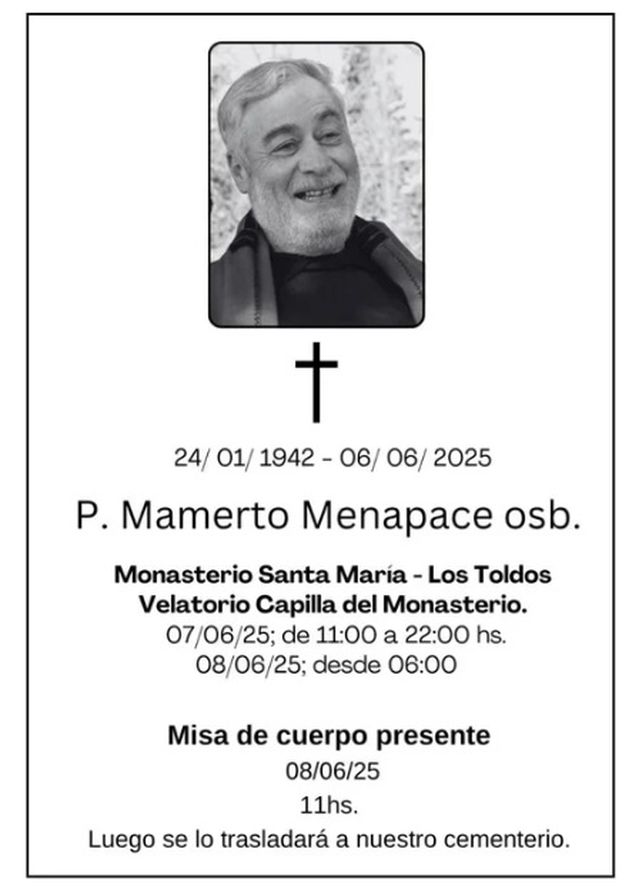 Murió el monje benedictino Mamerto Menapace