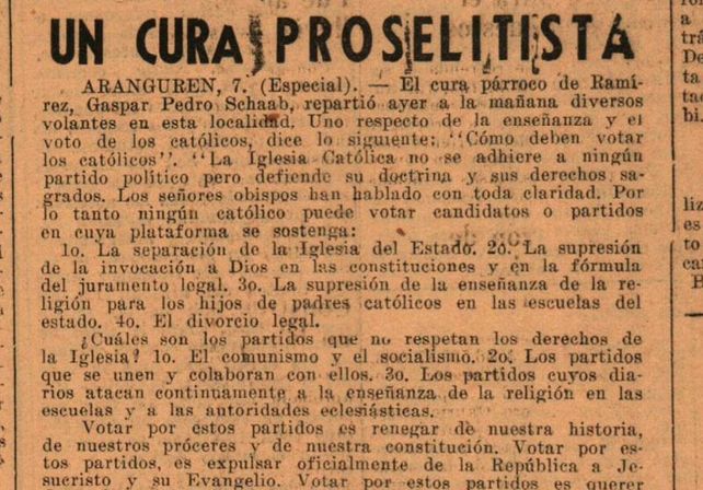 Un recorte da cuenta del pedido del cura Gaspar Pedro Schaab para que los electores no elijan las boletas de candidatos comunistas y socialistas.