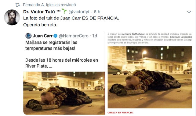 Es falsa la acusación a Juan Carr por la foto de un indigente
