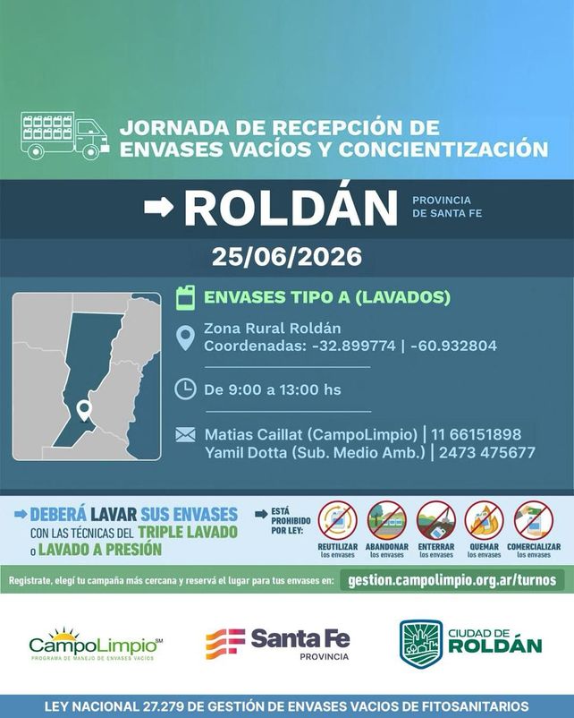 Roldán realizará una jornada para recibir envases de fitosanitarios