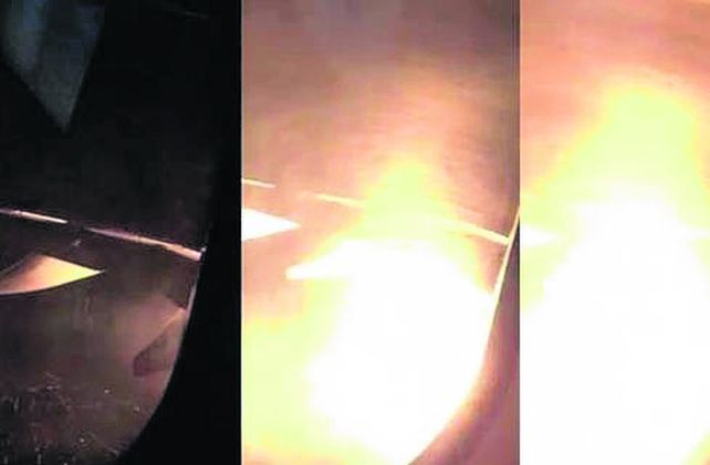 Peligro. Uno pasajero fotografió el incendio desatado en la turbina izquierda del Airbus 330.