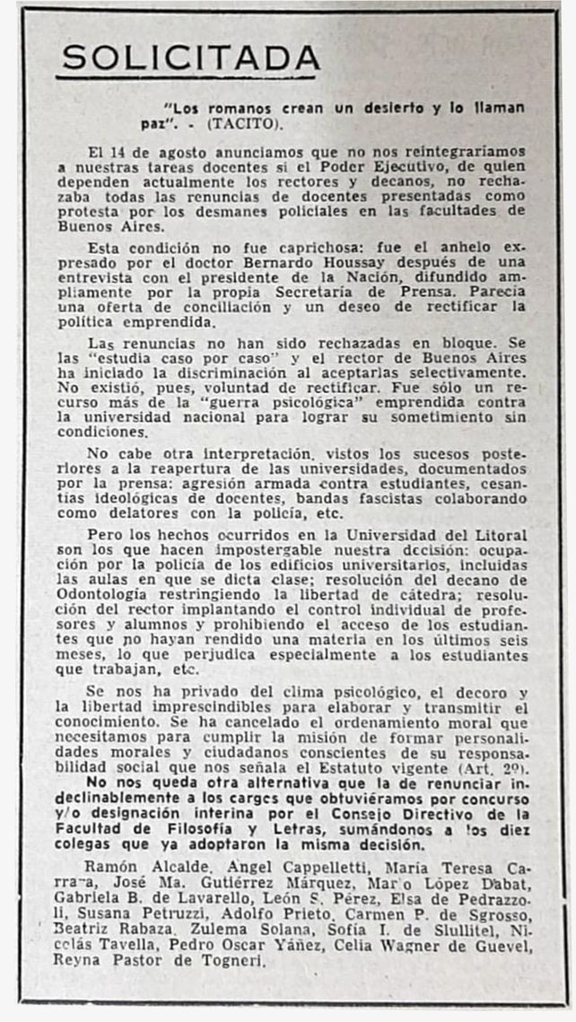 Solicitada publicada en La Capital el 7 de septiembre de 1966