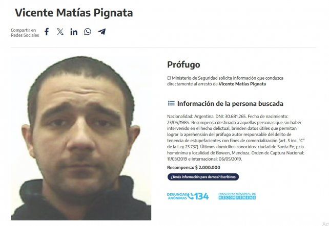 Programa de recompensa de Nación sobre Matías Pignata