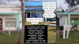 La escuela rural N° 20 de Colonia Racedo, departamento Federación, sufrió un violento robo y piden colaboración a la comunidad. Les robaron hasta los inodoros&nbsp;