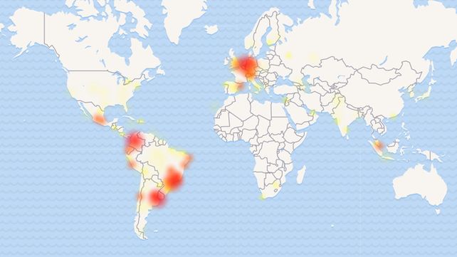 El mapa que muestra las zonas donde hubo fallas en WhatsApp.