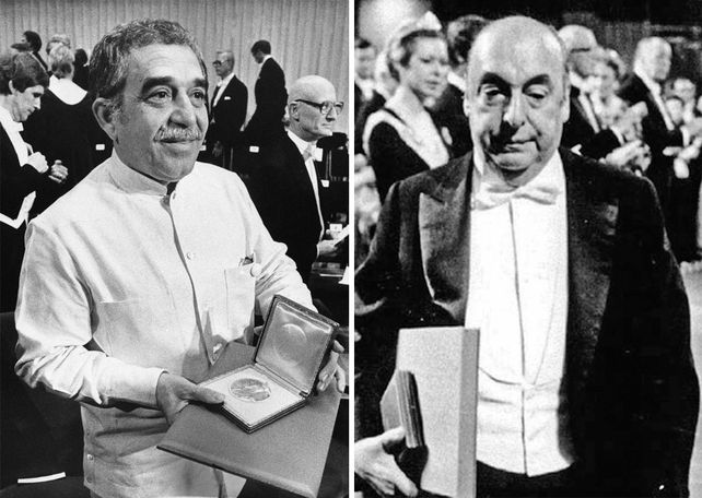 Gabriel García Marquez recibiendo el premio en 1982 y Pablo Neruda en la misma situación pero en el año 1971.