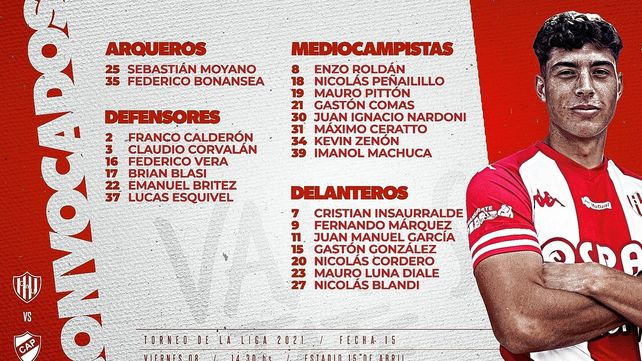 Los 23 futbolistas concentrados en Unión para el partido ante Platense.