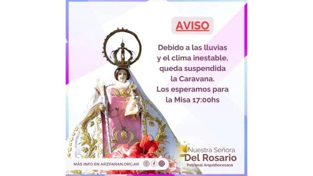 Paraná: por la lluvia suspenden la caravana en honor a la Virgen del Rosario