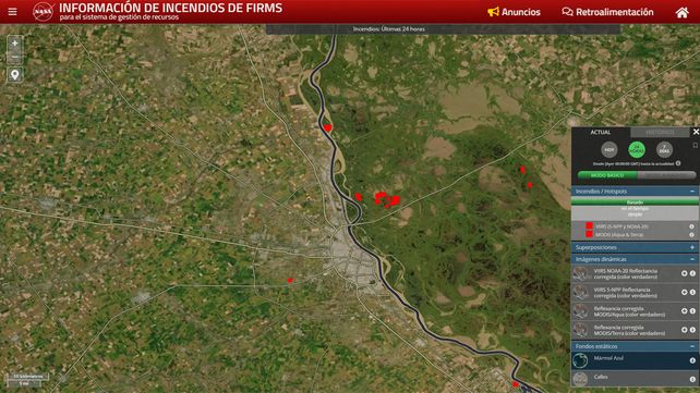 El mapa del fuego en la zona de islas frente a San Lorenzo según lo registra la Nasa.