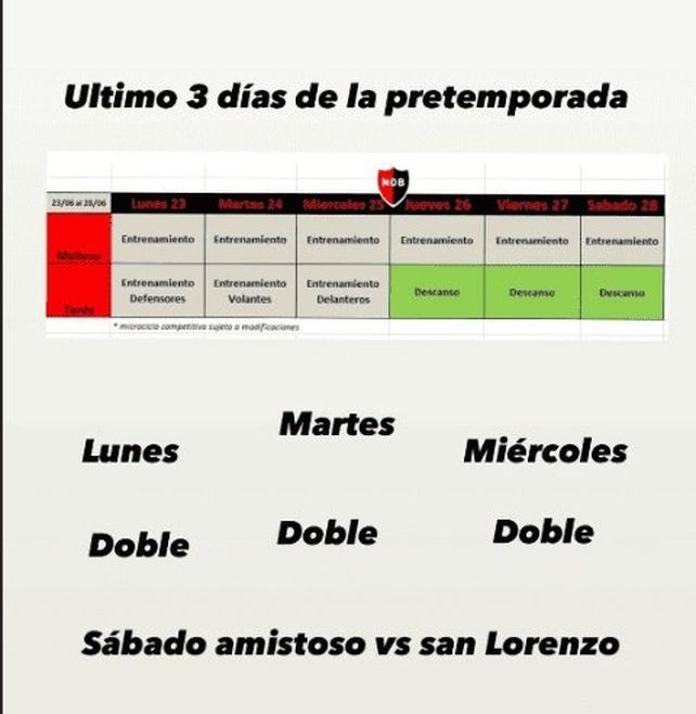 El cronograma de la semana y el anuncio del amistoso con San Lorenzo que publicó Fabbiani en Instagram.