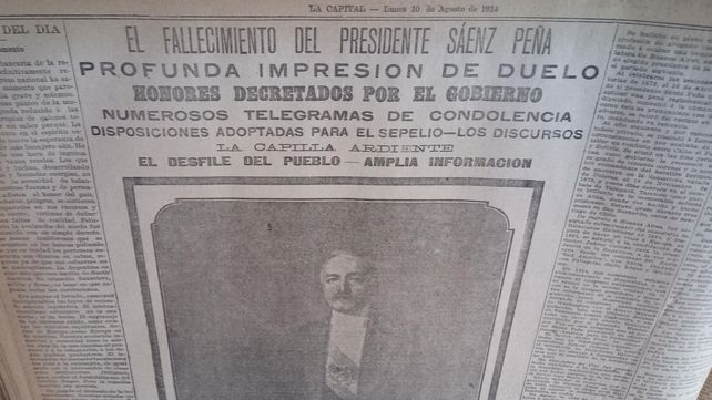El lunes 10 de agosto de 1914 La Capital despliega la noticia de la inesperada muerte del presidente