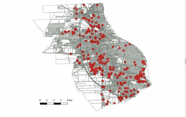 Distribución territorial de los heridos por armas de fuego en la ciudad. Fuente: MPA/OSP