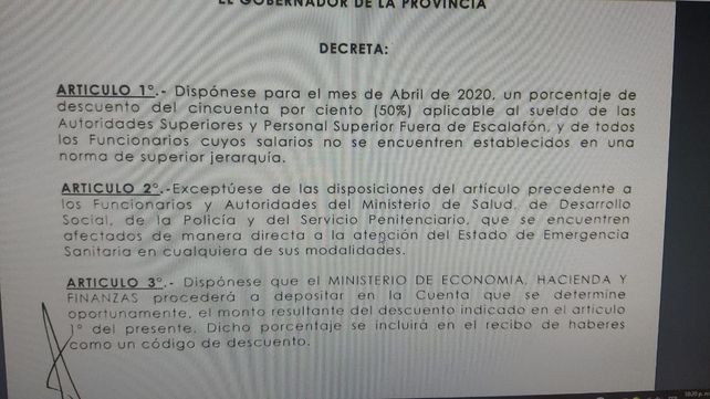 Bordet dispuso rebaja de su sueldo y de funcionarios del 50%