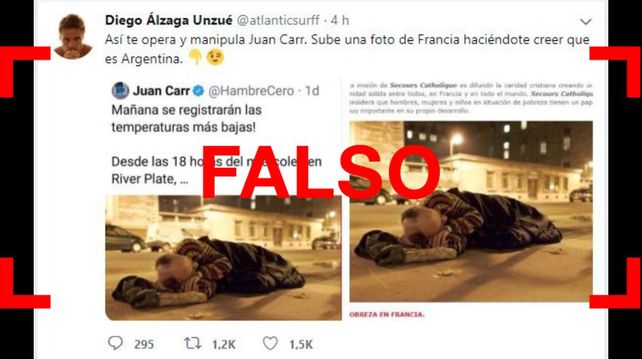 Es falsa la acusación a Juan Carr por la foto de un indigente