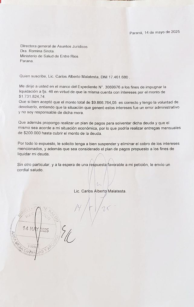 El médico Carlos Malatesta admitió el cobro indebido