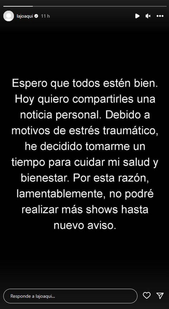 La Joaqui comunicó a través de su cuenta de Instagram que se alejará de los escenarios para cuidar su salud.
