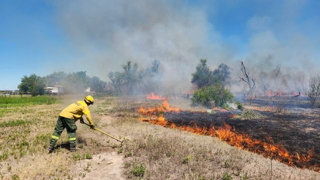 Brigadistas realizan tareas para evitar que se propaguen las llamas en la isla Sabino Corsi.