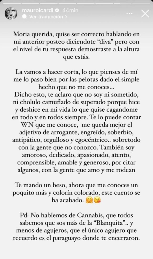La dura respuesta de Icardi a Moria en sus historias de Instagram. 