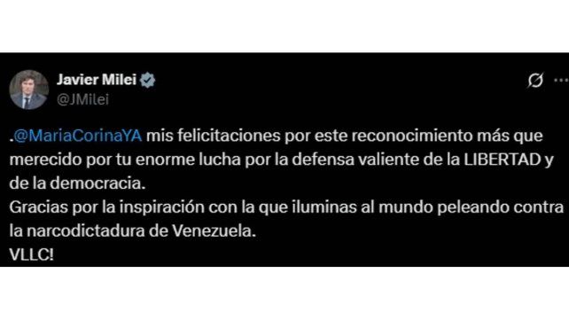 Javier Milei felicitó a María Corina Machado por ganar el Nobel de la Paz