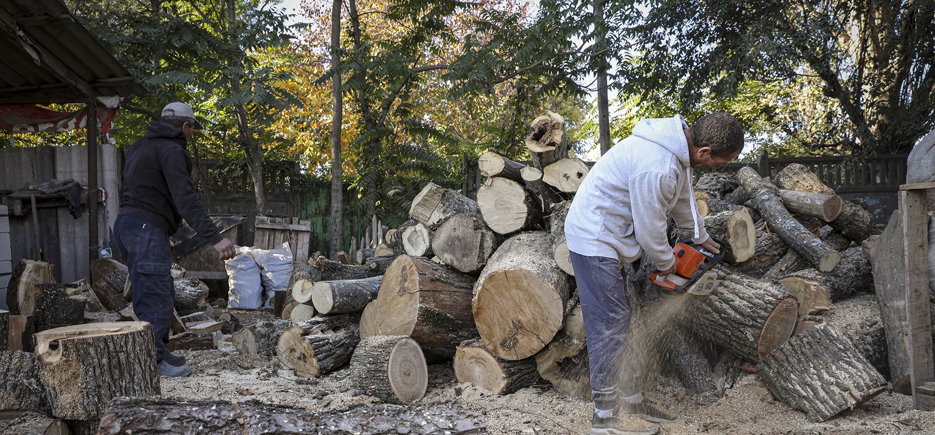 Hombres cortan leña para calefacción en las afueras de Chisinau, Moldavia, el jueves 27 de octubre de 2022. La crisis energética de Europa, provocada por la reducción drástica de los flujos de gas natural por parte de Rusia en medio de su guerra contra Ucrania, ha obligado a algunas personas a recurrir a fuentes de calefacción más baratas, como la leña, a medida que el clima se pone más frío.