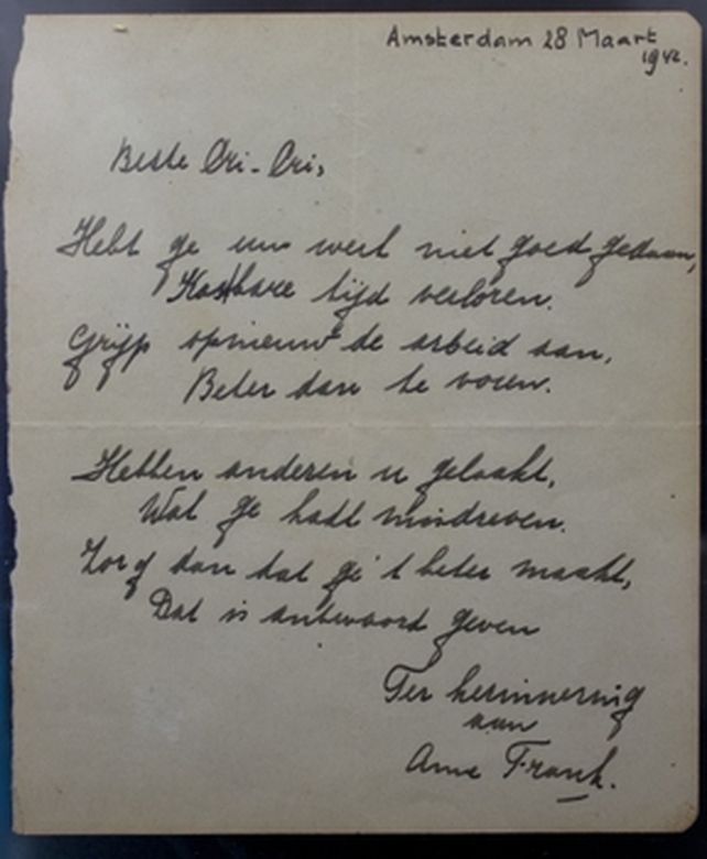 Documento.La página manuscrita de la adolescente &nbsp;judía que murió en un campo de concentración nazi fue subastada ayer.