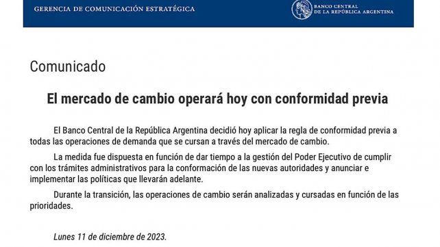 Banco Central de la República Argentina (BCRA) limita operaciones en el mercado oficial de cambios y necesitarán aprobación previa