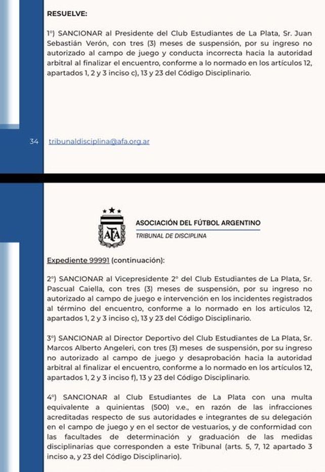 El Tribunal de Disciplina resolvió suspender por tres meses a Verón, Caiella y Angeleri.