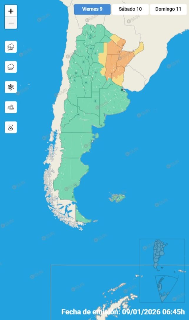 El SMN emitió alertas por tormentas: naranja para el centro y norte de la provincia y amarillo para el sur. Aumenta la temperatura según el pronóstico extendido