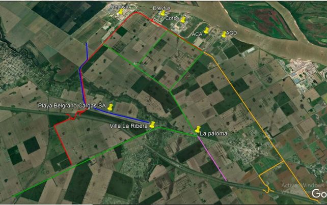 En rojo aparece la obra del desvío proyectado para sacar a los camiones de la villa.
