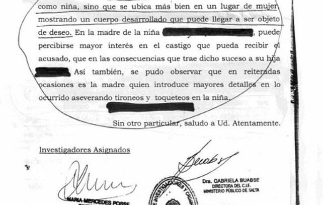 Facsímil del informe del cuerpo judicial que equipara a la niña de nueve años con una mujer.