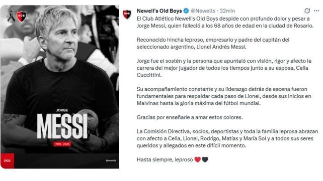 El Club Atlético Newell’s Old Boys despide con profundo dolor y pesar a Jorge Messi