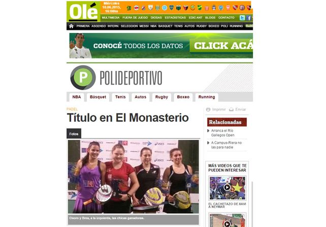 Otro más. El diario deportivo Olé destacó el triunfo de la jugadora de Paraná junto a Delfina Brea