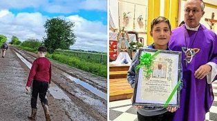 Recorrido. El pequeño recorrió a pie el camino hacia la parroquia. Junto al obispo Landra al recibir la bendición papal.