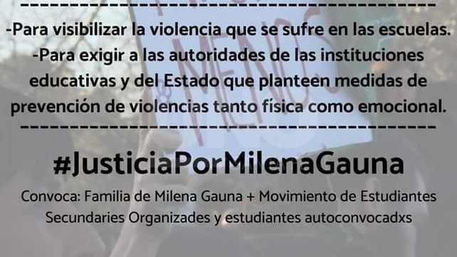 Bajo el lema Milena somos todos, convocan a marchar el sábado
