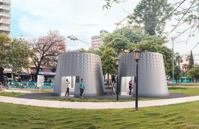 Proponen instalar baños públicos con forma de dedales en la plaza Sarmiento