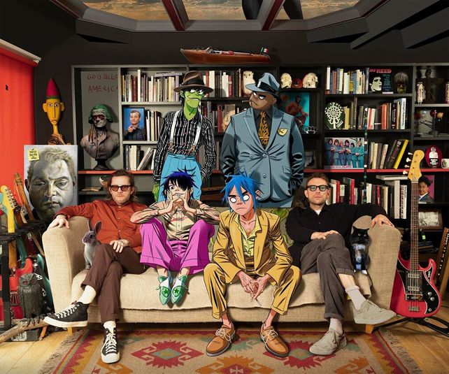 Foto de familia. Hewlett y Albarn junto a sus criaturas. El combo regresó con invitados como Beck y Elton John.&nbsp; &nbsp;