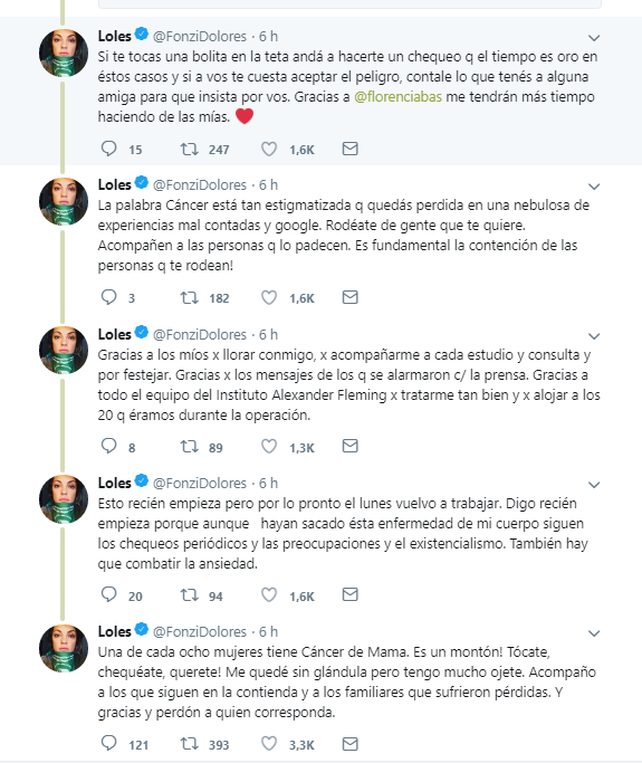 Dolores Fonzi reveló que le diagnosticaron cáncer y que debió someterse a una mastectomía