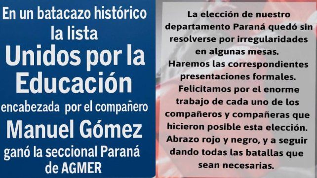 Elecciones en Agmer: Marcha Blanca festejó pero la Rojo y Negro denunció irregularidades