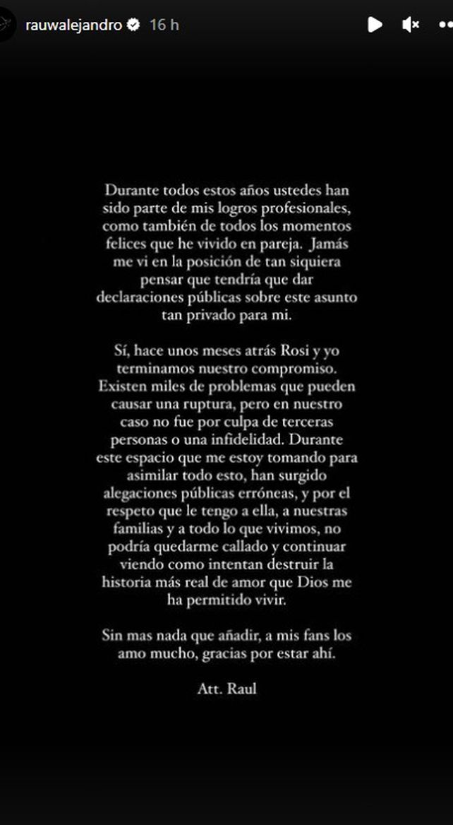 La historia de Instagram a través de la cual Rauw Alejandro confirmó su separación de Rosalía.
