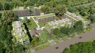 Imagen aérea que muestra la totalidad del proyecto. La casona del centro es la del fundador del barrio Fisherton.