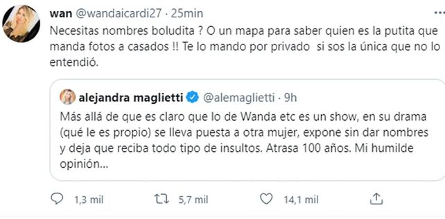 Wanda Nara lanzó un furioso tuit contra Alejandra Maglietti porque defendió a la China Suárez