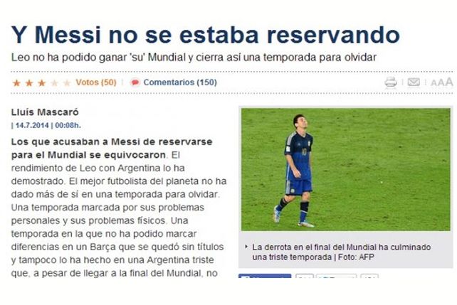 En España critican la actuación de Messi en el Mundial